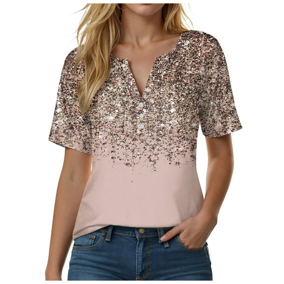 vigerkar Womens Summer Short Sleeve Blouse Plus Size Ladies Shirts Floral Loose Flowy Tops for Leggings Rose Gold, L
