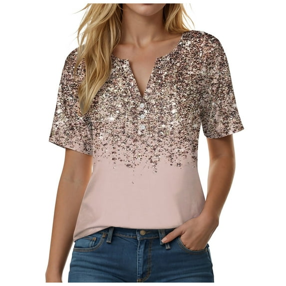 vigerkar Womens Summer Short Sleeve Blouse Plus Size Ladies Shirts Floral Loose Flowy Tops for Leggings Rose Gold, L