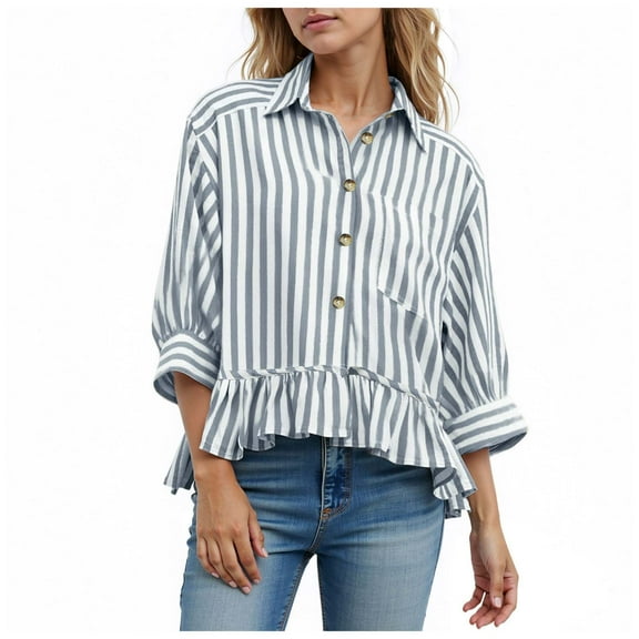 vigerkar Womens Summer Tops Dressy Casual Blouse Top Ruffled Short Sleeve Button Down Striped Shirt Navy, S