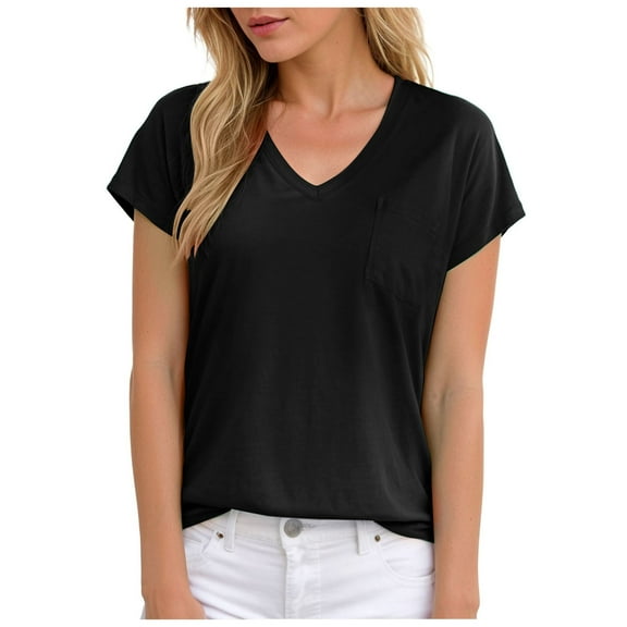 vigerkar Womens Summer Tops Short Sleeve Shirts for Women V Neck Basic Fashion Clothes With Pocket Black, L