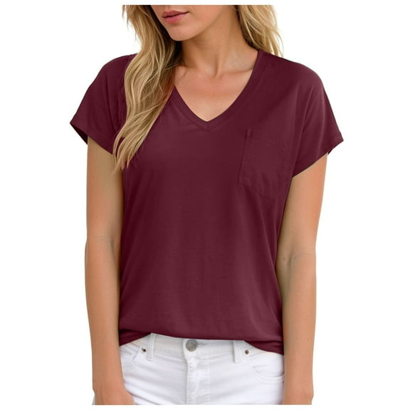 vigerkar Womens Summer Tops Short Sleeve Shirts for Women V Neck Basic Fashion Clothes With Pocket Wine, M