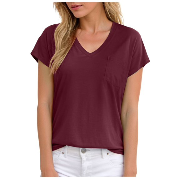 vigerkar Womens Summer Tops Short Sleeve Shirts for Women V Neck Basic Fashion Clothes With Pocket Wine, M