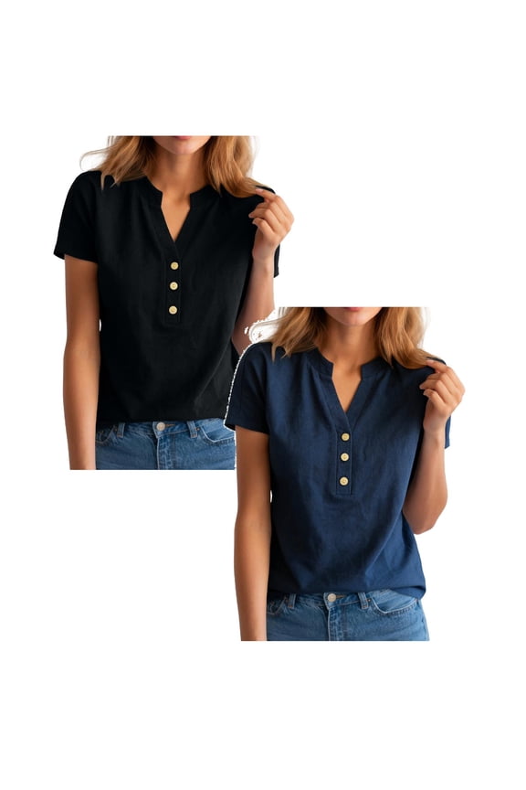 Womens Summer Tops Spring Short Sleeve V Neck True Classic T Shirt Casual Cute Fashion Beach Vacation Clothes 2026, Pack of 2 (Black 1PCS & Blue 1PCS, 3XL)