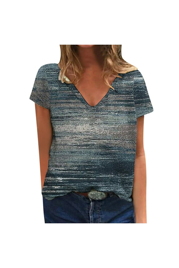 Womens Summer Tops Trendy Casual V Neck T Shirts Short Sleeve Boho Floral Blouses Loose Fit Flowy Tee F, XXL