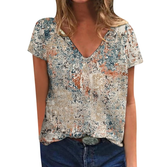 vigerkar Womens Summer Tops Trendy Casual V Neck T Shirts Short Sleeve Boho Floral Blouses Loose Fit Flowy Tee I, S