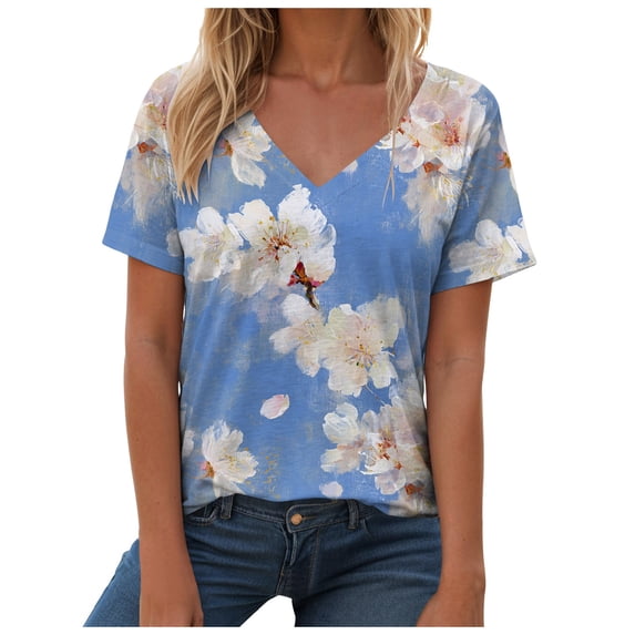 vigerkar Womens Summer Tops Tunics Casual Short Sleeve Shirts Loose Fit Blouses (Sky Blue, M)