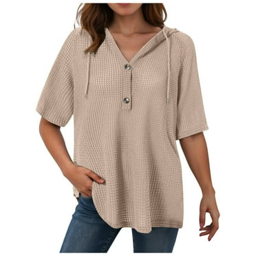 vigerkar Womens Summer Waffle Knit Short Sleeve Tops Lightweight Drawstring Hoodies Button V Neck Casual Blouses Shirts Beige, XL