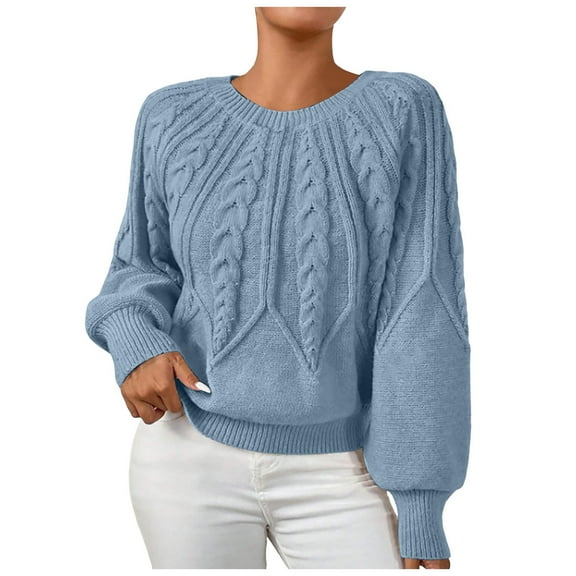 vigerkar Womens Sweaters Crewneck Long Sleeve Cable Knit Chunky Sweater Tops Fashion Fall Outifits (Blue, L)