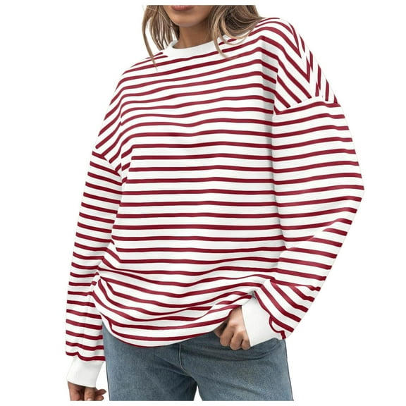 vigerkar Womens Sweatshirt Long Sleeve Crewneck Striped Sweatshirt for Women Trendy Fall Tops Pullover Sweatshirts (Red, S)