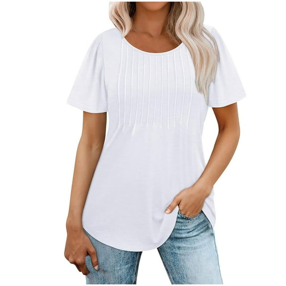 vigerkar Womens T Shirts Short Sleeve Pleated Dressy Casual Scooped Neck Summer Tops Blouses White, S