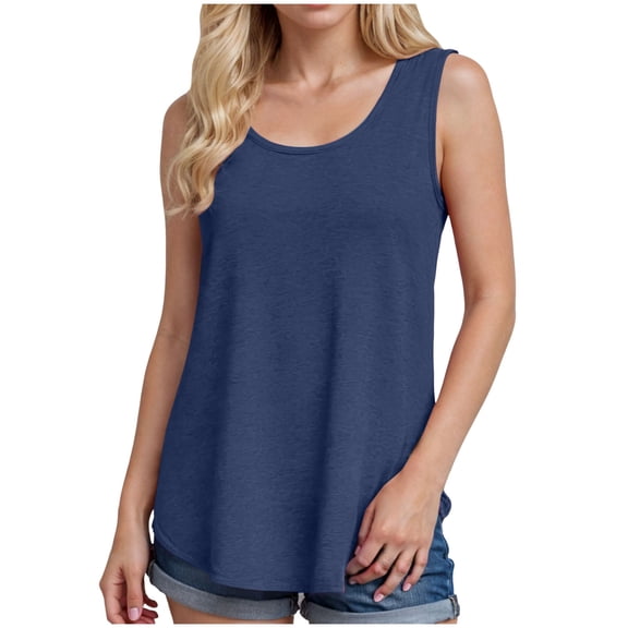 vigerkar Womens Tank Tops Summer Loose Sleeveless Tops Ribbed Trim Scoop Neck Curved Hem (Navy, XL)