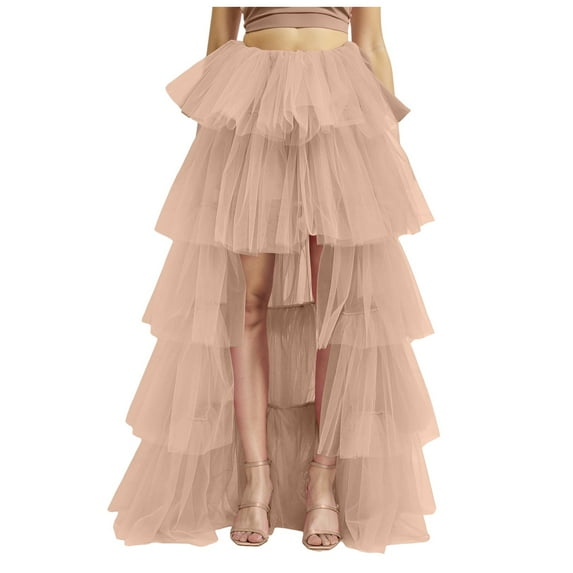 vigerkar Womens Tiered Ruffle Tulle Maxi Skirt a Line Elastic High Waist Tutu Long Skirt Puplum Mesh Skirt Wedding Skirt Beige, One Size