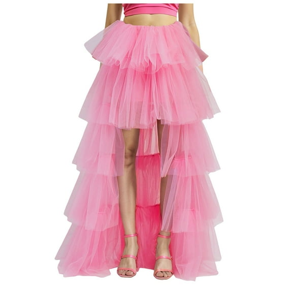 vigerkar Womens Tiered Ruffle Tulle Maxi Skirt a Line Elastic High Waist Tutu Long Skirt Puplum Mesh Skirt Wedding Skirt Pink, One Size