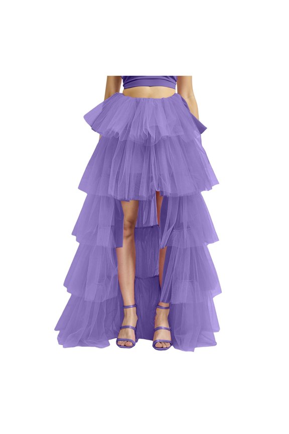 Womens Tiered Ruffle Tulle Maxi Skirt a Line Elastic High Waist Tutu Long Skirt Puplum Mesh Skirt Wedding Skirt Purple, One Size