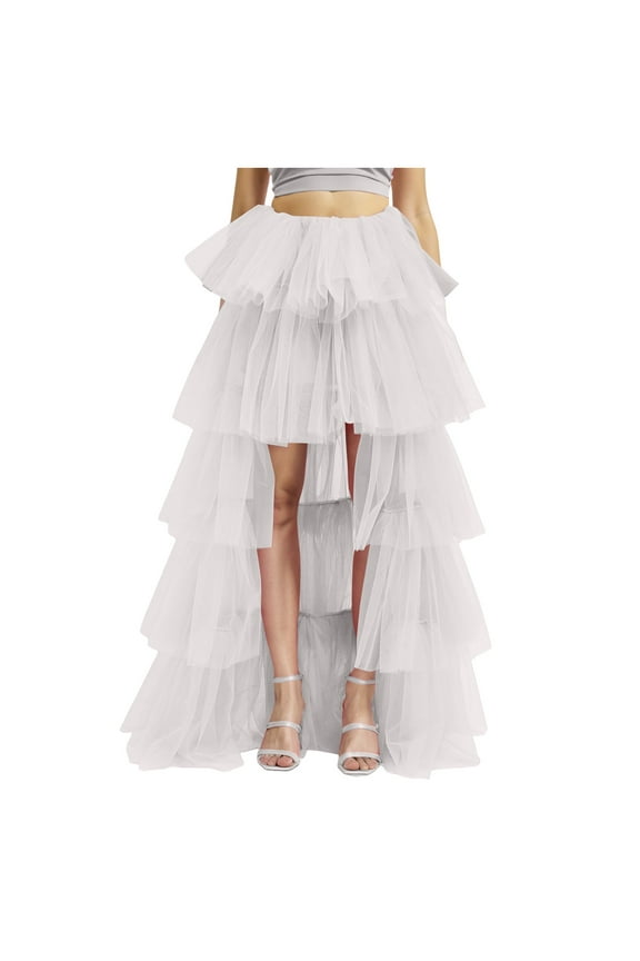 Womens Tiered Ruffle Tulle Maxi Skirt a Line Elastic High Waist Tutu Long Skirt Puplum Mesh Skirt Wedding Skirt White, One Size