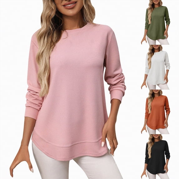 vigerkar Womens Tops Crewneck Long Sleeve Waffle Knit Solid Color Shirts Loose Casual Tunic Tops (White, XXL)
