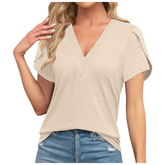 vigerkar Womens Tops Dressy Casual V Neck Short Sleeve Shirts Summer Loose T Shirts Trendy Tops Tunic Blouses Beige, M
