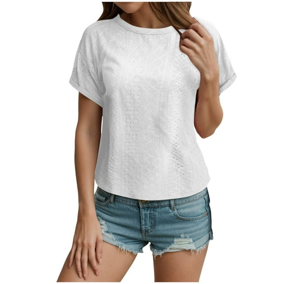 vigerkar Womens Tops Eyelet Embroidery Summer Spring Curved Hem 2025 Casual Short Sleeve Trendy T Shirts Beach Vacation Clothes White, S