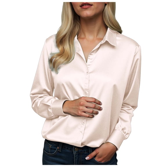 vigerkar Womens Tops Long Sleeve Satin Silk Button Down Shirts Casual Business Dressy Blouses (Beige, L)