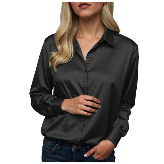 vigerkar Womens Tops Long Sleeve Satin Silk Button Down Shirts Casual Business Dressy Blouses (Black, M)