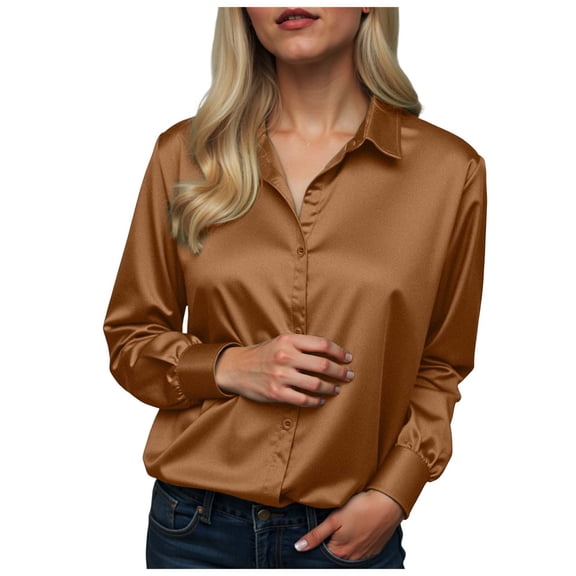 vigerkar Womens Tops Long Sleeve Satin Silk Button Down Shirts Casual Business Dressy Blouses (Brown, XXL)