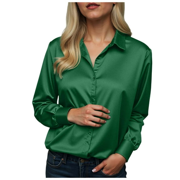 vigerkar Womens Tops Long Sleeve Satin Silk Button Down Shirts Casual Business Dressy Blouses (Dark Green, S)