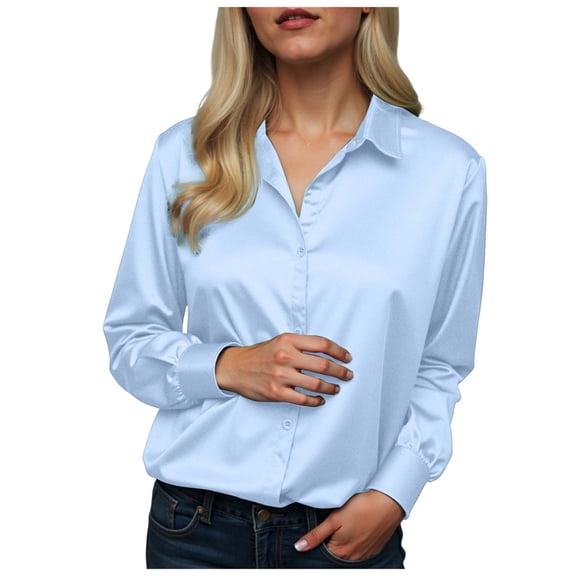 vigerkar Womens Tops Long Sleeve Satin Silk Button Down Shirts Casual Business Dressy Blouses (Light Blue, S)
