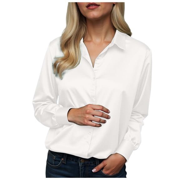 vigerkar Womens Tops Long Sleeve Satin Silk Button Down Shirts Casual Business Dressy Blouses (White, XL)