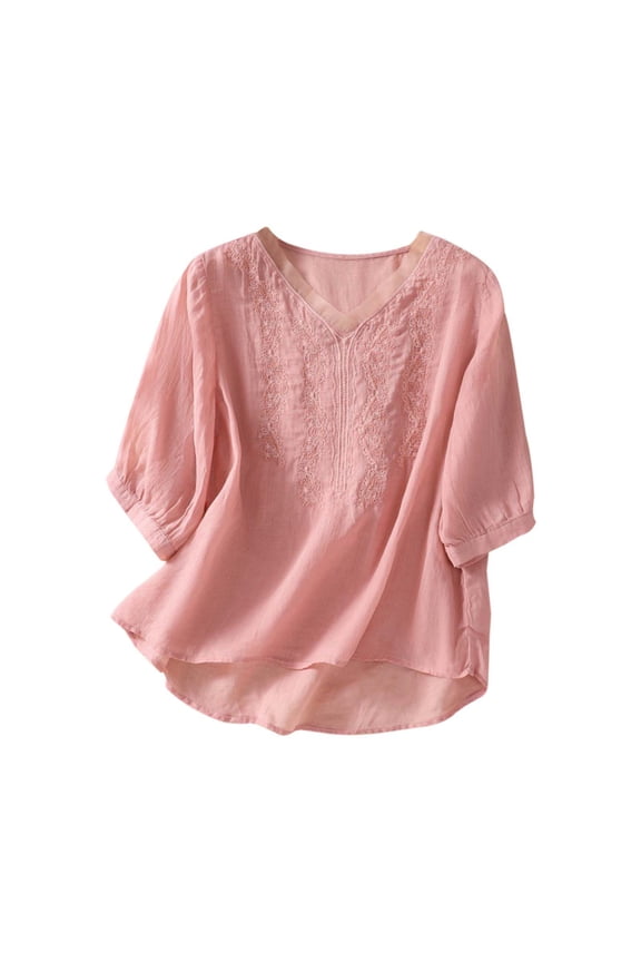 Womens Tops and Blouses Summer Fashion Embroidered Shirts Fashion Short Sleeve Cotton Linen Shirt Pink, XL