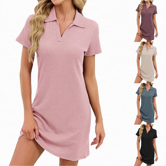 vigerkar Womens Tshirt Dress Waffle Knit Collared Short Sleeve Sundress Casual Loose Above Knee Length Beach Dresses (Black, S)