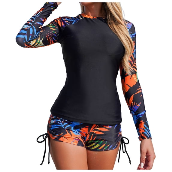 vigerkar Womens Two Piece Rash Guard & Swim Shorts, Long Sleeve Swim Shirt, Quick Dry Swimsuits UPF 50+ SPF Sun & UV Protection (Orange, S)