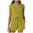 thumbnail image 1 of vigerkar Womens Two Piece Set Sleeveless V Neck Button Front Vest Drawstring High Waist Shorts Pockets Casual Bussiness AG, M, 1 of 8
