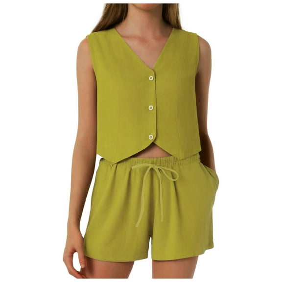 vigerkar Womens Two Piece Set Sleeveless V Neck Button Front Vest Drawstring High Waist Shorts Pockets Casual Bussiness AG, M
