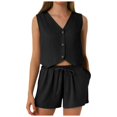 thumbnail image 1 of vigerkar Womens Two Piece Set Sleeveless V Neck Button Front Vest Drawstring High Waist Shorts Pockets Casual Bussiness Black, XL, 1 of 6