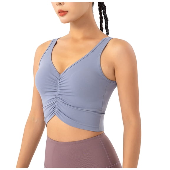 vigerkar Womens U Back Sports Bra - Wireless Padded Ruched V Neck Workout Gym Yoga Crop Top (Blue, S)