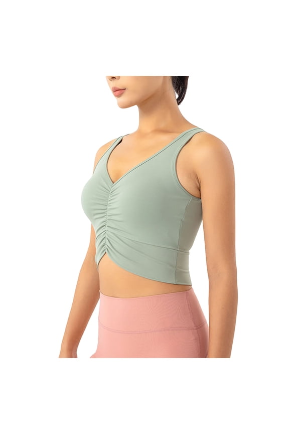 Womens U Back Sports Bra - Wireless Padded Ruched V Neck Workout Gym Yoga Crop Top (Green, XL)