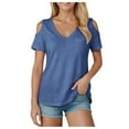 thumbnail image 1 of vigerkar Womens V Neck Cold Shoulder Tops Short/Long Sleeve Summer T Shirts Basic Tees Blue, XL, 1 of 7