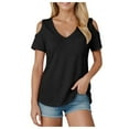 thumbnail image 1 of vigerkar Womens V Neck Cold Shoulder Tops Short Sleeve Summer T Shirts Basic Tees (Black, L), 1 of 7