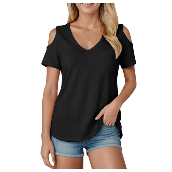 vigerkar Womens V Neck Cold Shoulder Tops Short Sleeve Summer T Shirts Basic Tees (Black, L)