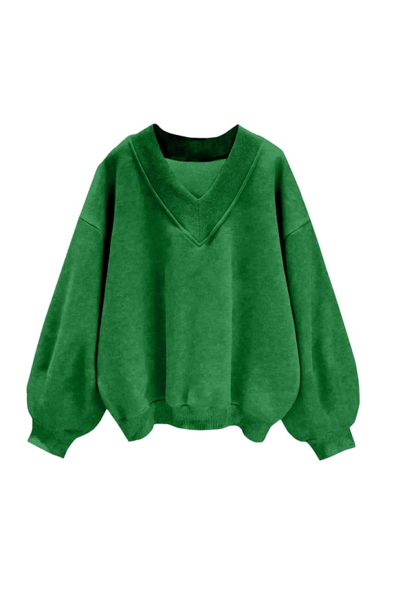 Womens V Neck Oversized Sweatshirts Casual Drop Shoulder Long Sleeve Pullover Tops (Green, L)