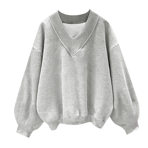 vigerkar Womens V Neck Oversized Sweatshirts Casual Drop Shoulder Long Sleeve Pullover Tops (Grey, M)
