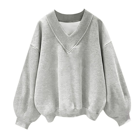 vigerkar Womens V Neck Oversized Sweatshirts Casual Drop Shoulder Long Sleeve Pullover Tops (Grey, XL)