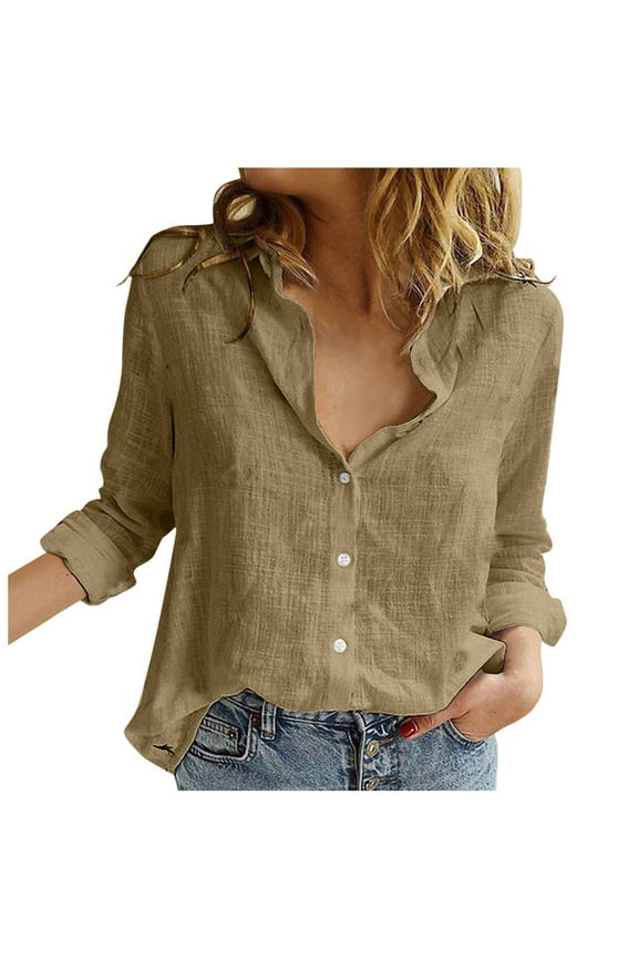 Womens V Neck Roll up Sleeve Button Down Blouses Tops Brown, S