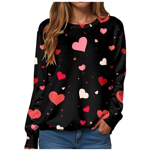vigerkar Womens Valentines Crewneck Sweatshirts Cute Heart Sweater Casual Loose Fit Long Sleeve Pullover Graphic Tees (Black, XXL)