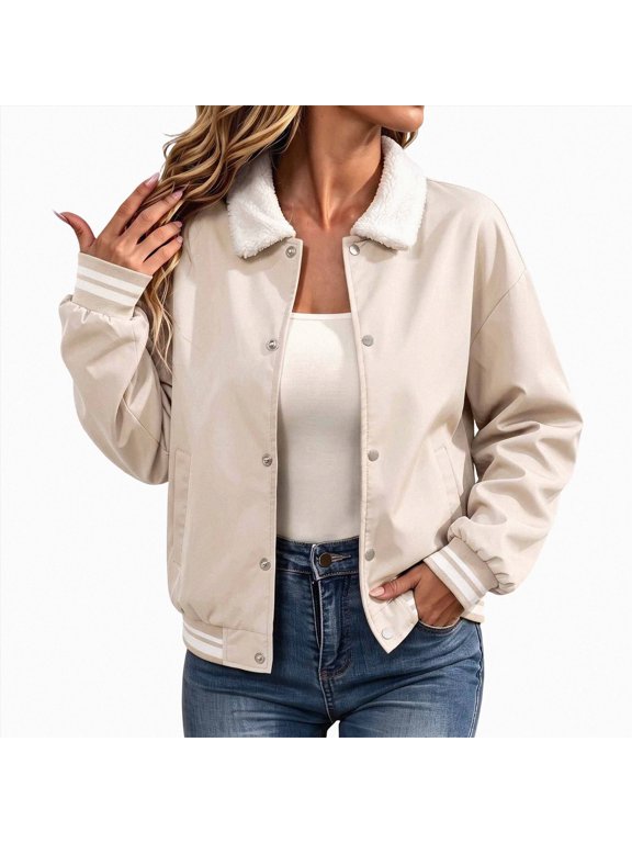 Womens Varsity Bomber Jacket Shearling Collar Snap Button Striped Cuffs Fall Casual Coat (Khaki, XXL)