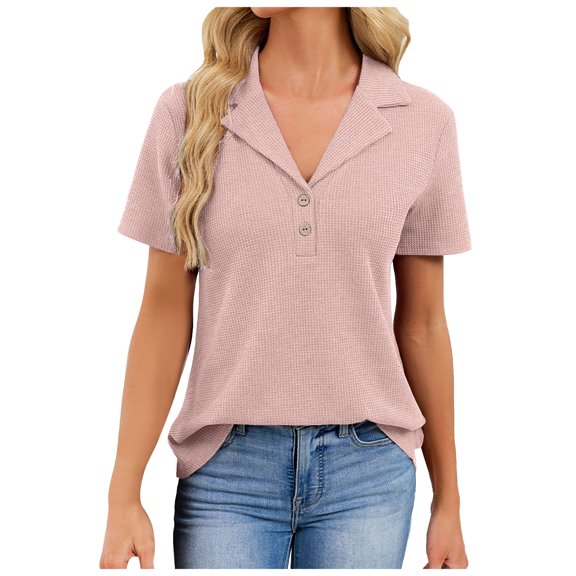 vigerkar Womens Waffle Knit Polo Shirt Casual V Neck Collared Tops Relaxed Fit Short Sleeve Work Blouses (Pink, XXL)
