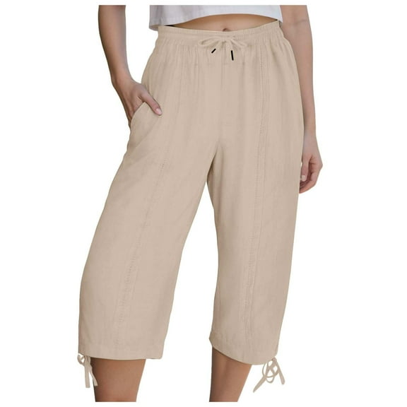 vigerkar Womens Wide Leg Capri Pants Loose Drawstring Comfy Lounge Trousers Summer 7/8 Pant with Pockets Khaki, M