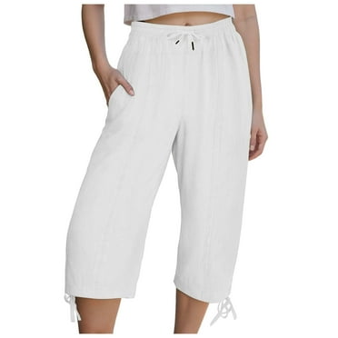 vigerkar Womens Wide Leg Capri Pants Loose Drawstring Comfy Lounge Trousers Summer 7/8 Pant with Pockets White, XXL