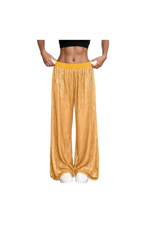 Womens Wide Leg Sparkle Sequin Pants Elastic High Waisted Bling Glitter Dance Pants (Gold, S)