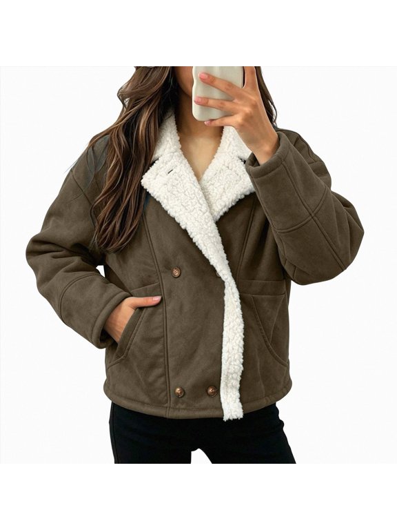 Womens Winter Coat Casual Fleece Lapel Collar Button Down Jackets, Flannel Jacket Oversized Fleece Lined Warm Office Work Daily Streetwear Winter Long Sleeve Loose Fit Overcoat (AG, XL)
